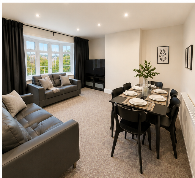 A bright, furnished living and dining area in a Connected Futures home