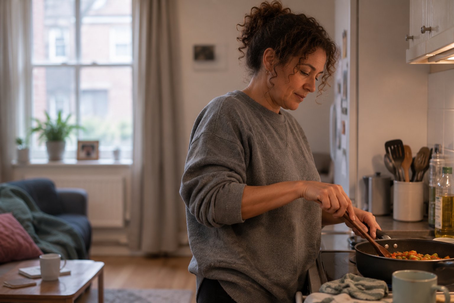 A woman preparing a meal in a warm, well-lit kitchen at home