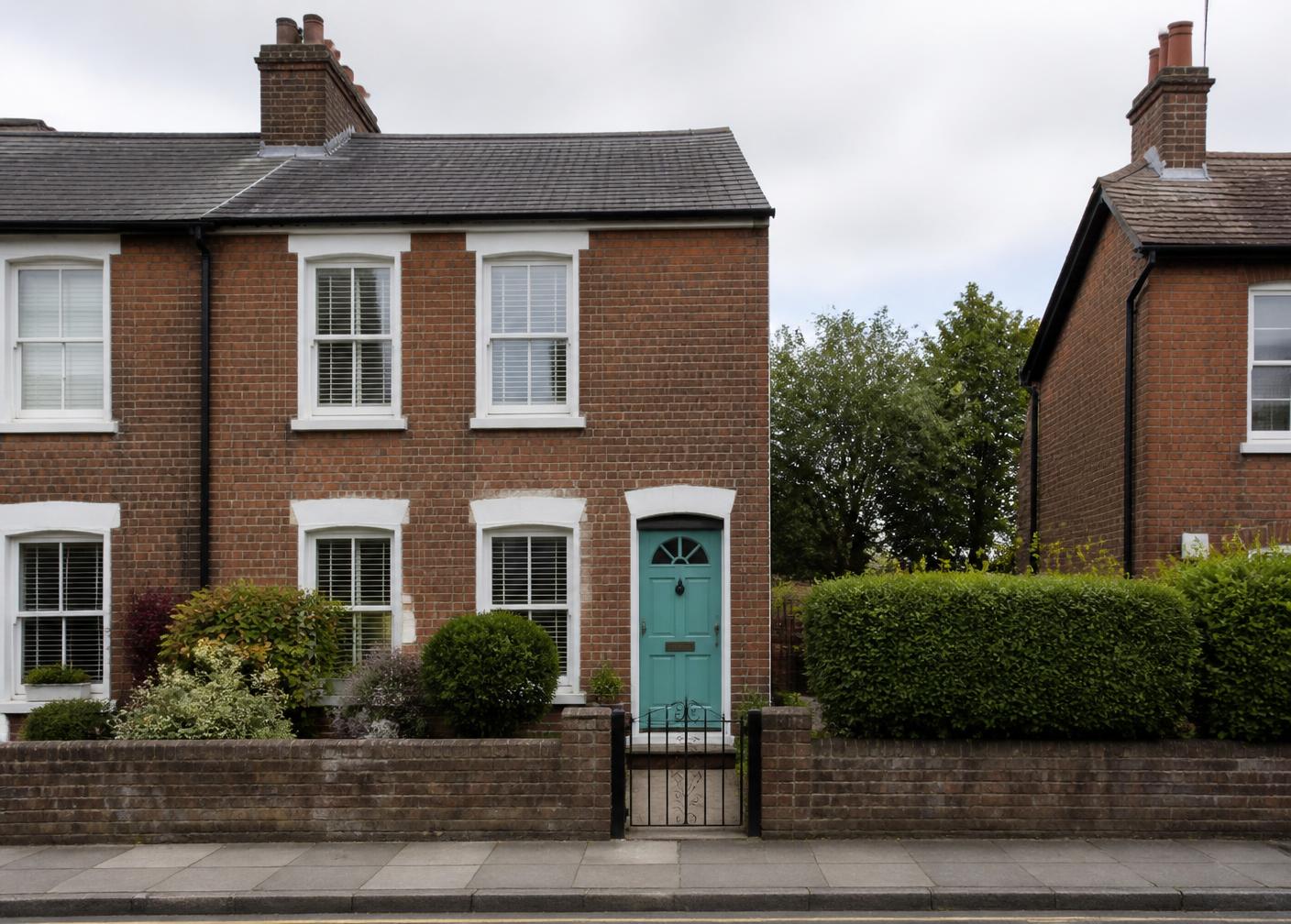A well-kept British terraced home with a teal front door