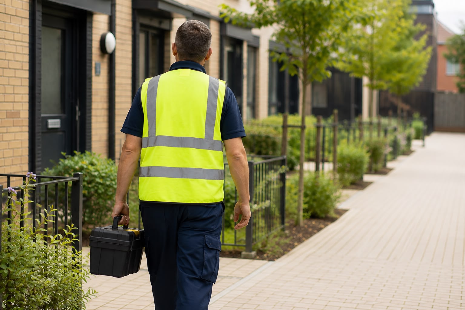 A maintenance worker in a high-visibility vest carrying a toolbox along a modern residential path